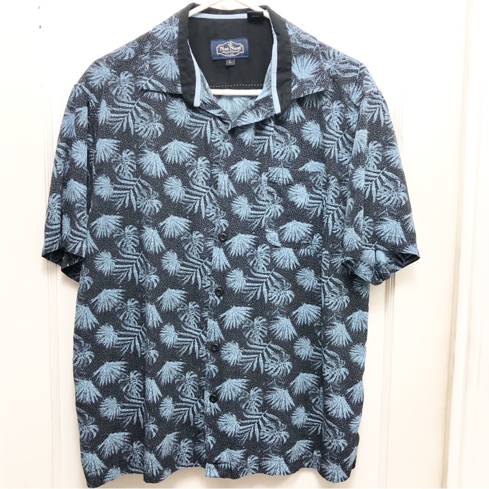 Nat Nast Blue Hawaiian Shirt Silk Blend Size Large Tropical Print